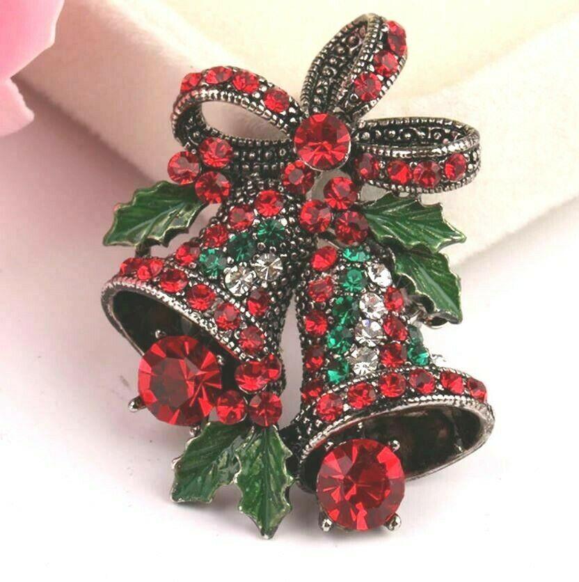 Christmas Bells Brooch Silver Plated Vintage Look Rhinestones Cake Pin B48