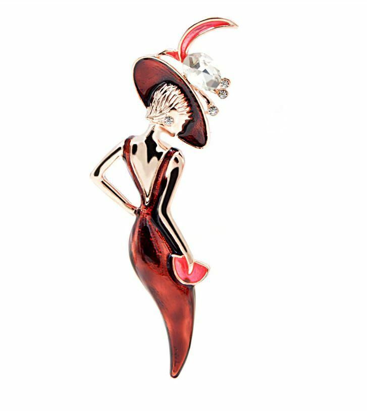 Stunning Diamonte Gold Plated Vintage Look Lady Red Christmas Brooch Cake Pin L1