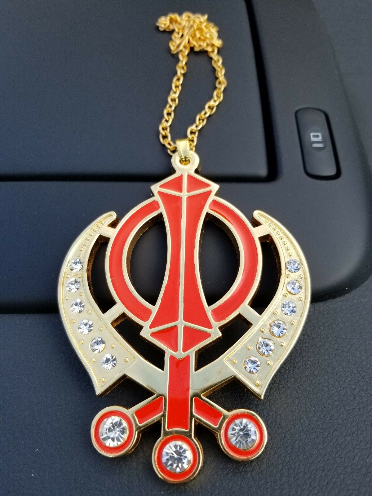 Singh Kaur Sikh Punjabi Gold Plated Orang Khanda Pendant Car Rear Mirror GGG14