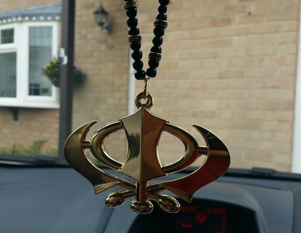 Gold Plated Punjabi Sikh wide Khanda Stunning Pendant Car Rear Mirror  Hanger