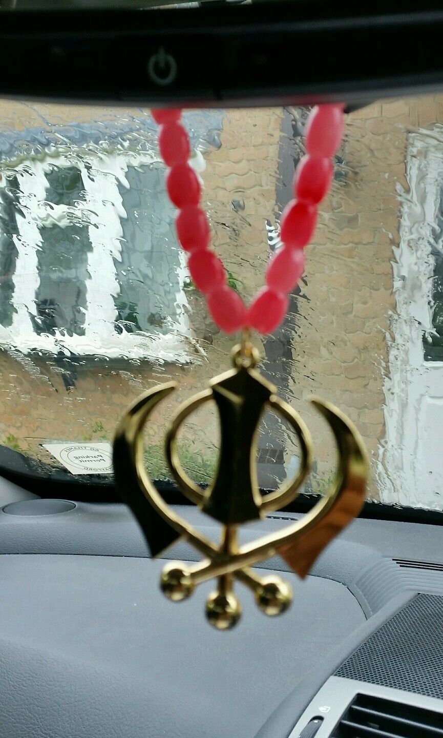 Gold Plated Punjabi Sikh Singh Large Khanda Pendant Car Hanging Pink Red Beads
