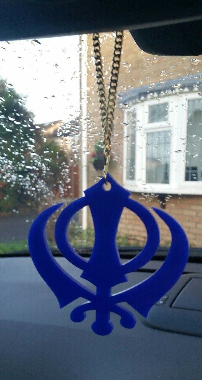 LARGE Blue Acrylic Khanda Punjabi Sikh Pendant Car Rear Mirror Hanging Chain