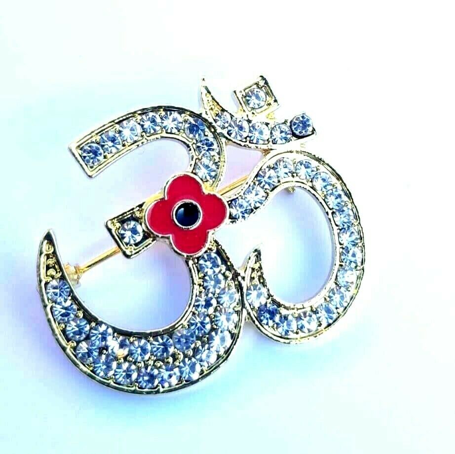 Stunning Diamonte Gold Plated Indian OMPoppy Hindu British India Brooch OM Pin