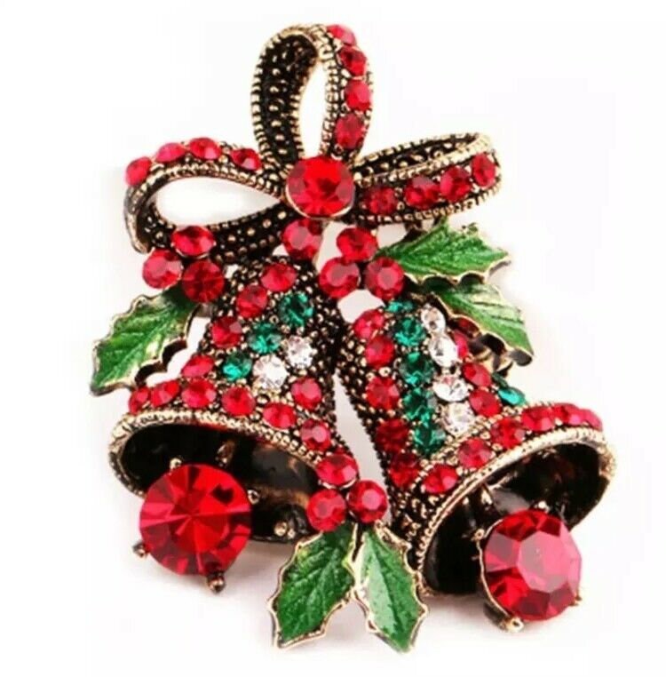 Rhinestone Christmas Bells Brooch Gold Plated Vintage Look Cake Pin Elegant B11