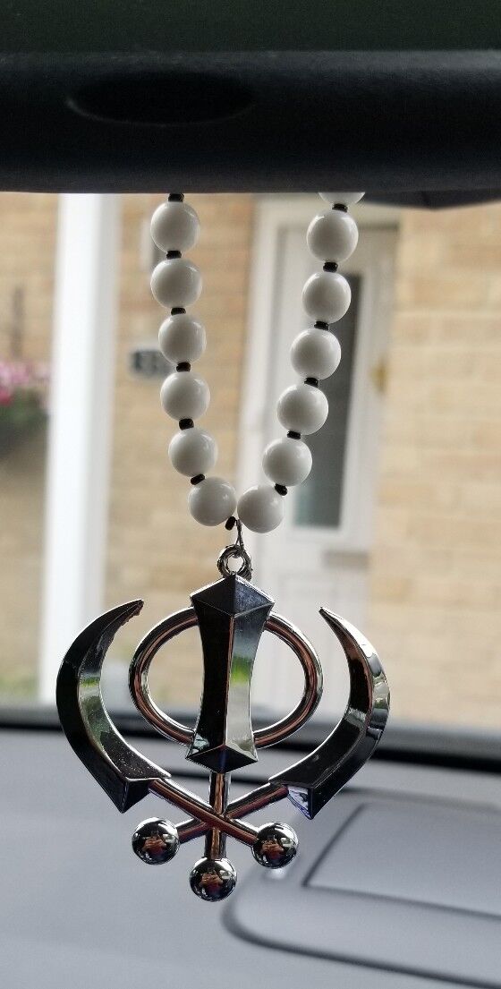Stainless Steel Punjabi Sikh Kaur Singh Khanda Pendant Car Rear Mirror in Beads