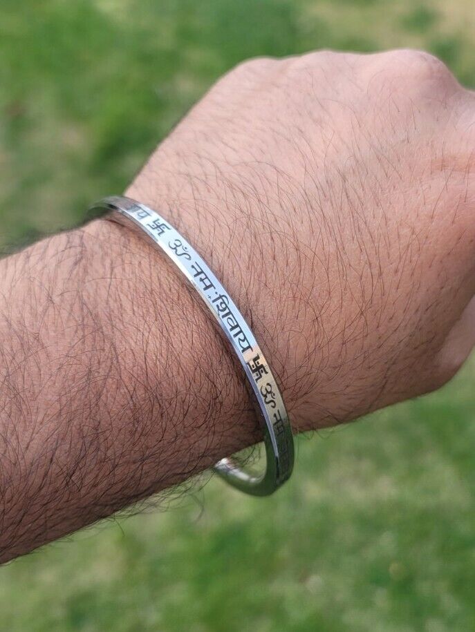Hindu Kara OM Namo Shivay Kada Smooth Flat Stainless Steel Ohm Mantra Bangle E13K