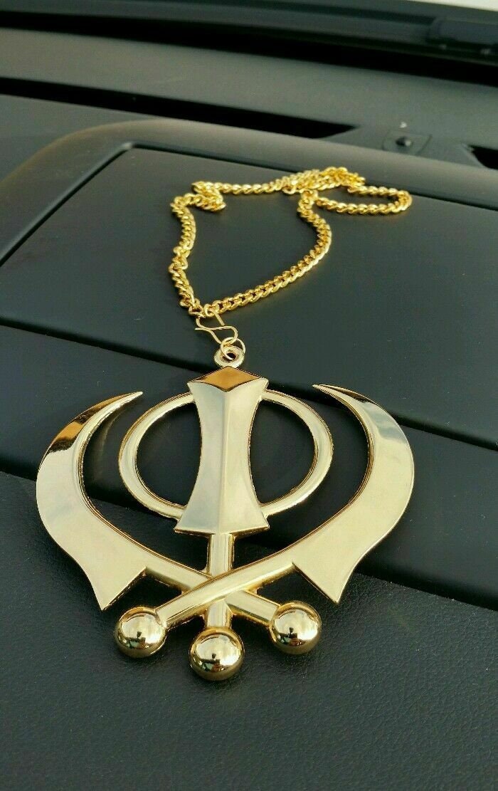 Gold plated Punjabi Sikh Extra Large Khanda Pendant Car Rear mirror Hanger Gift