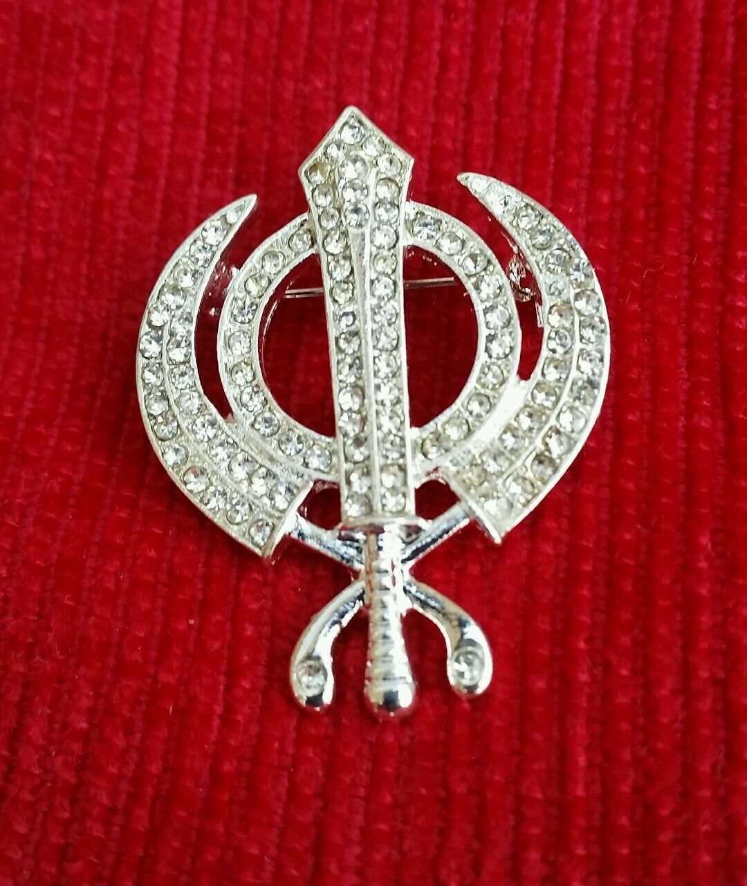 Stunning Diamonte Silver Plated Sikh Khanda Brooch Cake Pin Singh Turban Dumala