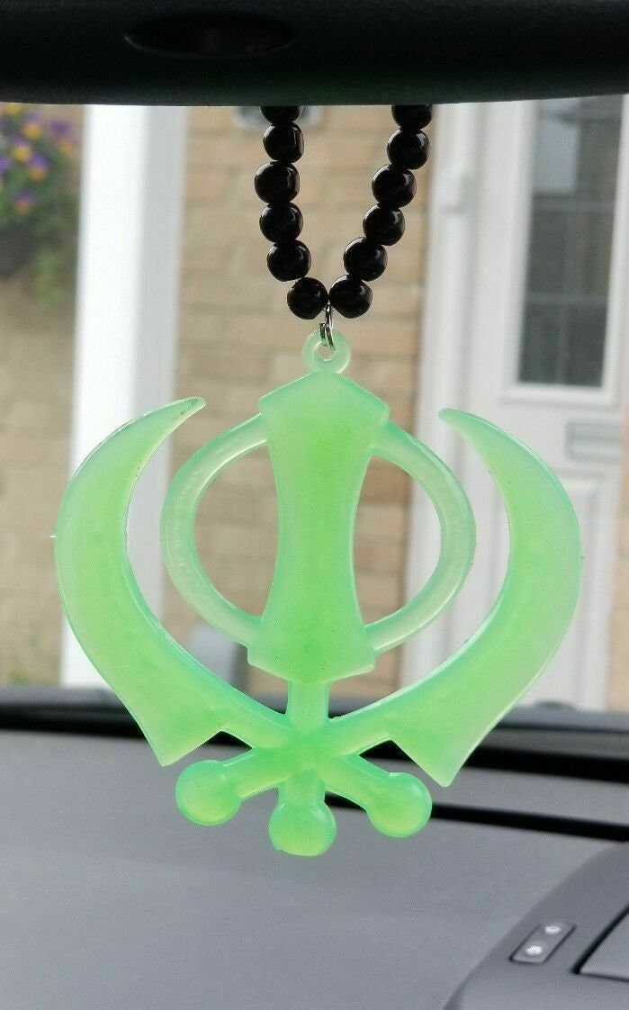 Acrylic green punjabi sikh large khanda stunning pendant car rear mirror black