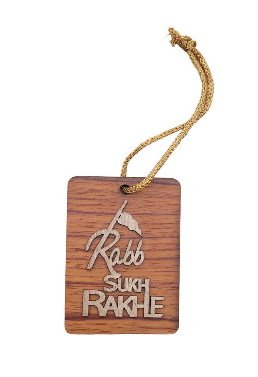 Rabb Sukh Rakhe Wooden Car Rear Mirror Pendant Nishan Sahib Sikh Hanger Gift UK KK4