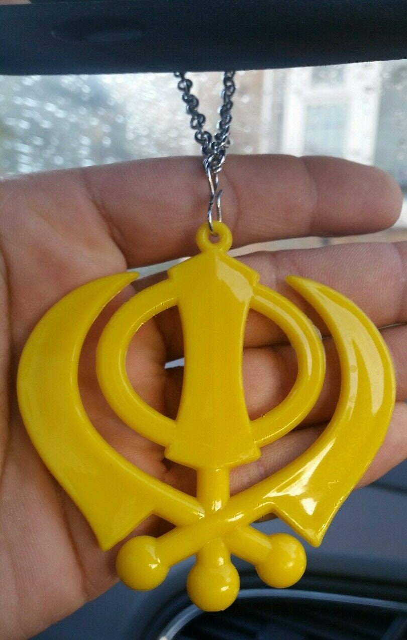 Large yellow acrylic khanda punjabi sikh pendant car rear mirror hanging chain