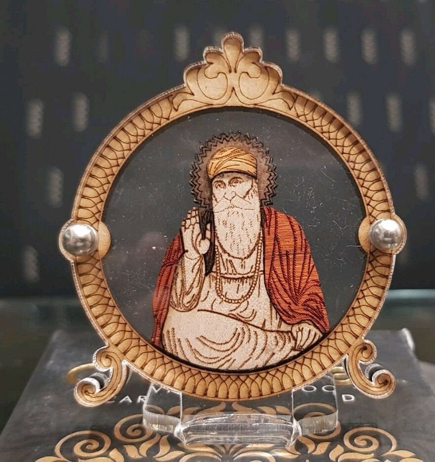 Guru Nanak Dev Ji Wooden Photo Stand Desktop Sikh Gift Wood Carved Portrait A28