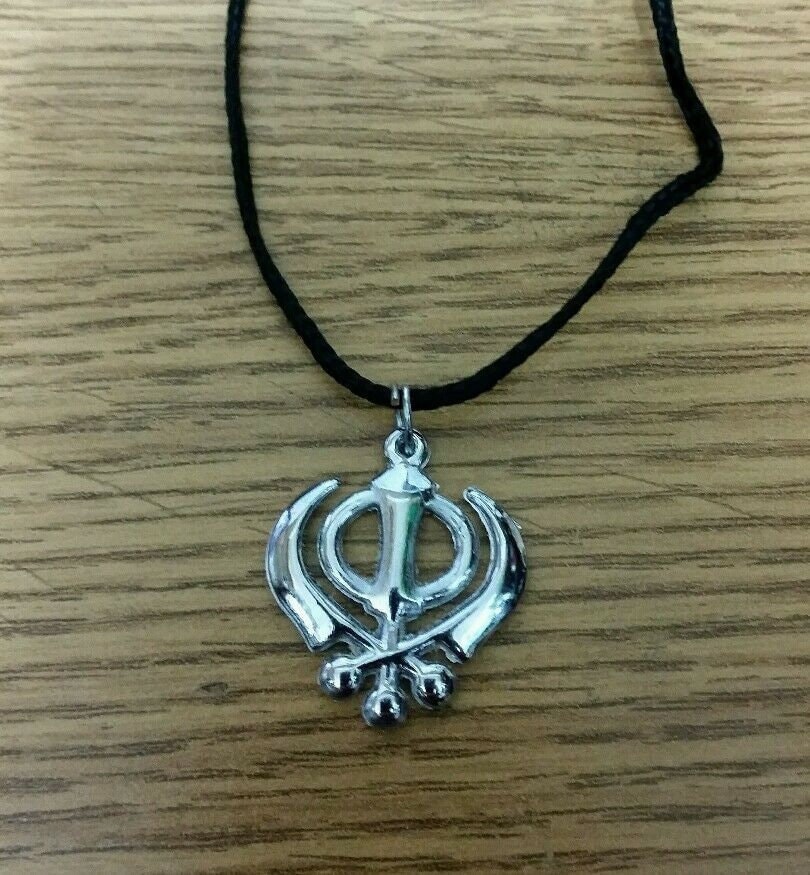Small Steel Khanda Pendant Necklace Punjabi Sikh Singh in black dori Thread LL9