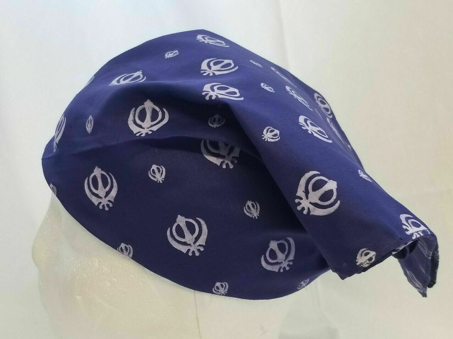 Sikh Punjabi Navy Blue Khanda Cotton Rumal Head Wrap Bandana Wedding Hankie New