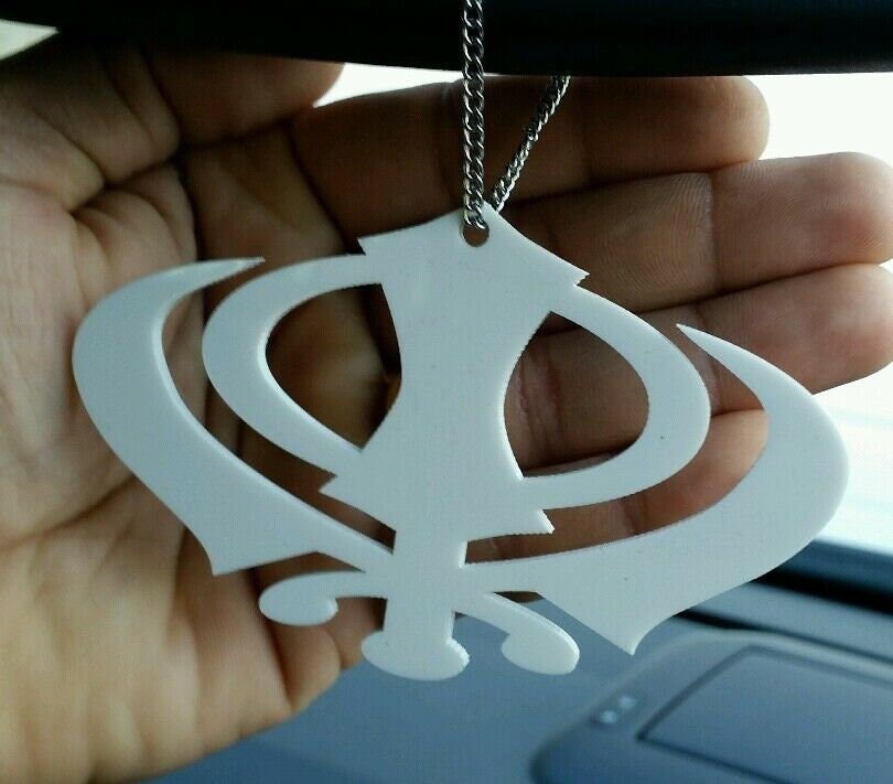 Wide White acrylic Khanda Car rear Mirror Hanger punjabi sikh pendant chain SS9G