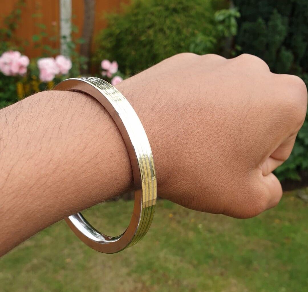 Stainless Steel Flat Kara with Smooth Brass Lines Sikh Kada Singh Kaur Bangle N11R