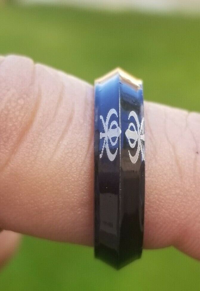Black khanda ring engraved edge design fashion sikh singh kaur khalsa challa h21