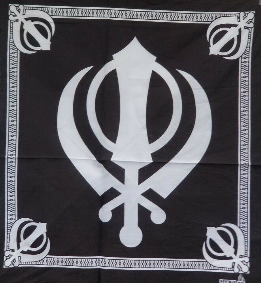 Sikh Black Khanda Rumal Bandana Head Wrap Cotton Punjabi Scarf Singh Kaur Hanky