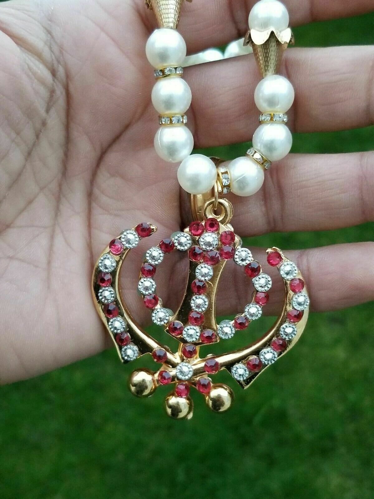 Gold plated punjabi sikh khanda stunning pendant red blue car rear mirror hanger