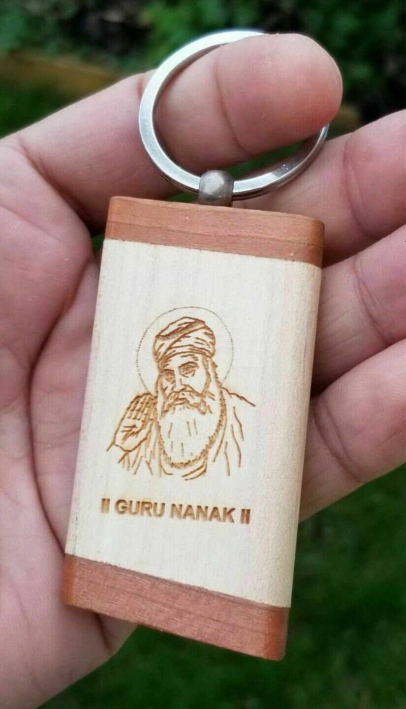 Sikh punjabi word guru nanak photo singh kaur khalsa wood key chain key ring nn
