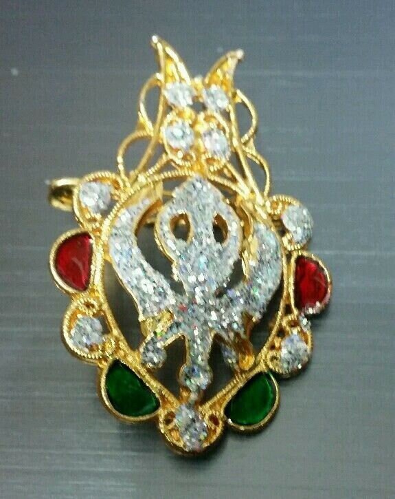 Stunning diamonte gold plated sikh khanda brooch cake pin x-mas singh gift
