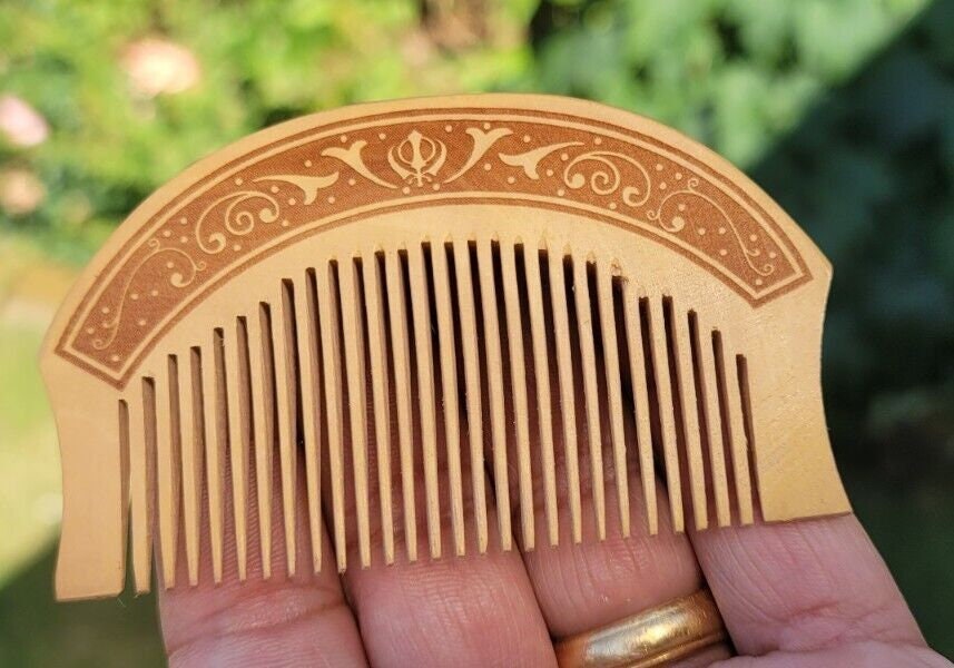 Sikh Comb Wooden Kanga Singh Kaur Kakar Khalsa 1 of 5 Ks Khanda engraved New PP3G