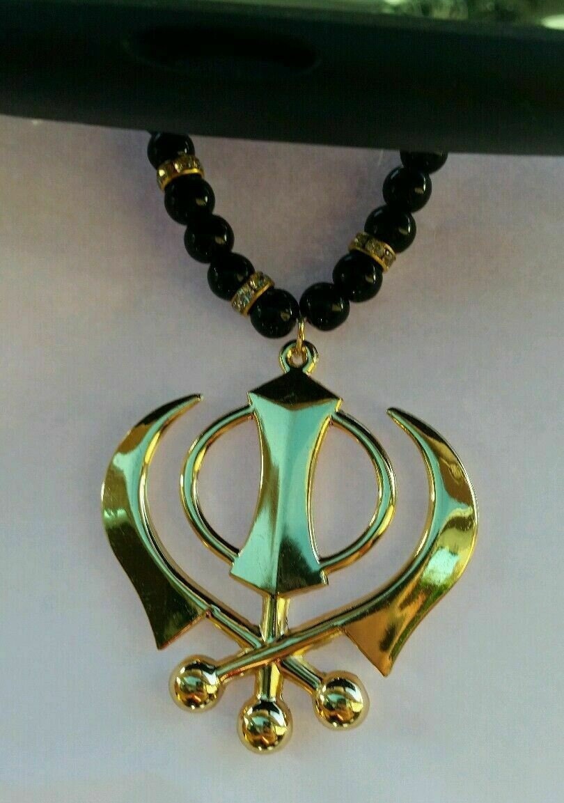 Sikh Khanda Car Hanging Gold Plated Pendant Rear Mirror Decor Punjabi beads Mala RR4