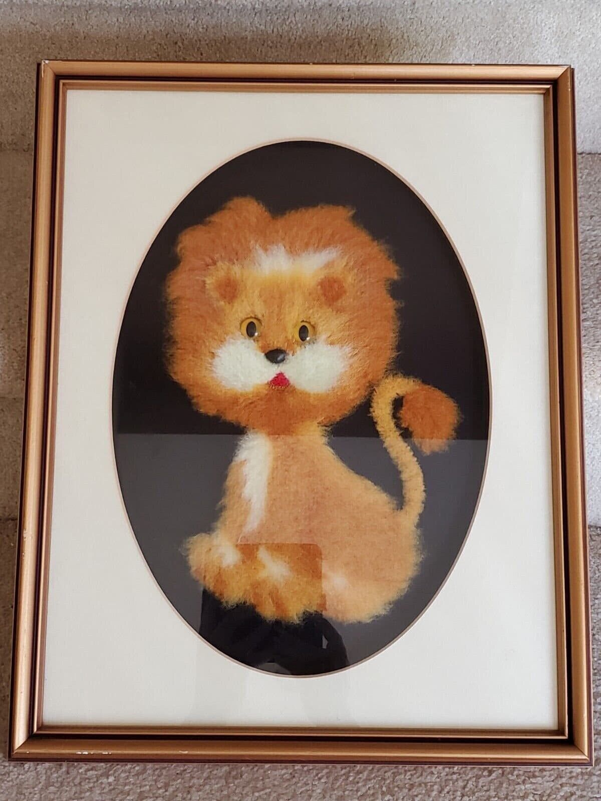 Framed vintage lion bunka  brushed japanese embroidery punch needlework nursery