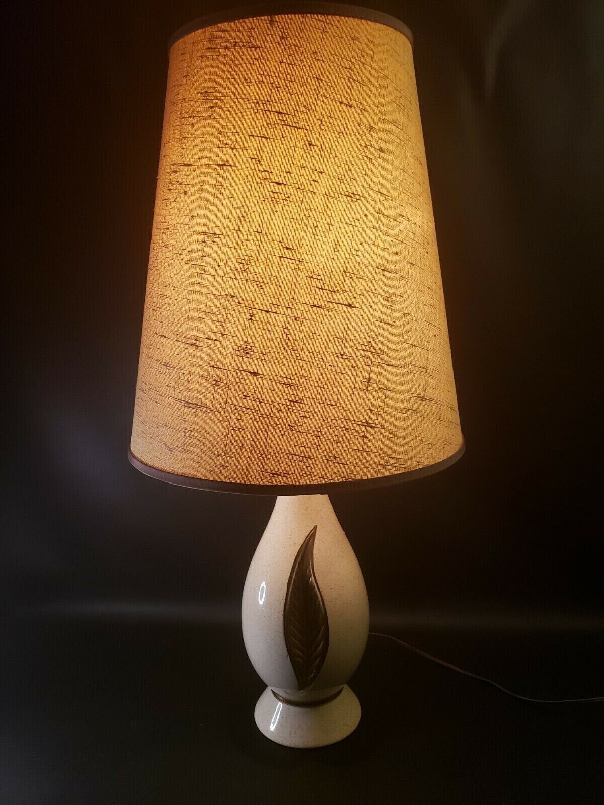 Vintage mid century ceramic table lamp brown speckles on cream with gold leaf