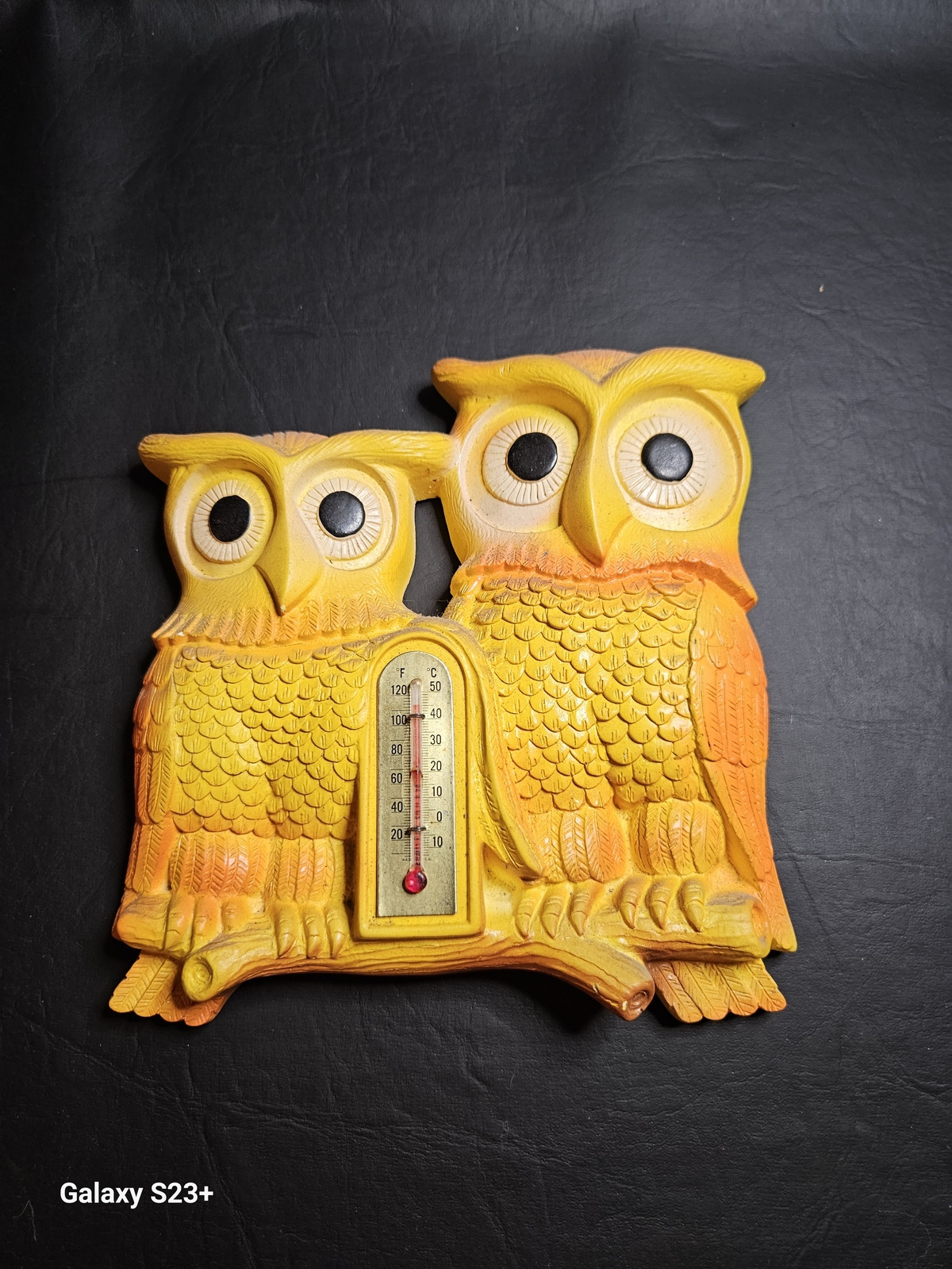 Vtg Owls Yellow Orange Thermometer Wall Plaque Miller Studio Kitchy Cottagecore