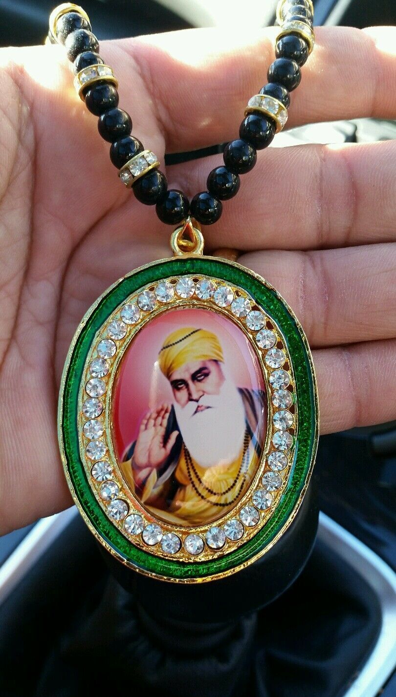 GOLD Plated Punjab Sikh GURU NANAK Pendant Car Rear Mirror Hanging MALA - Green