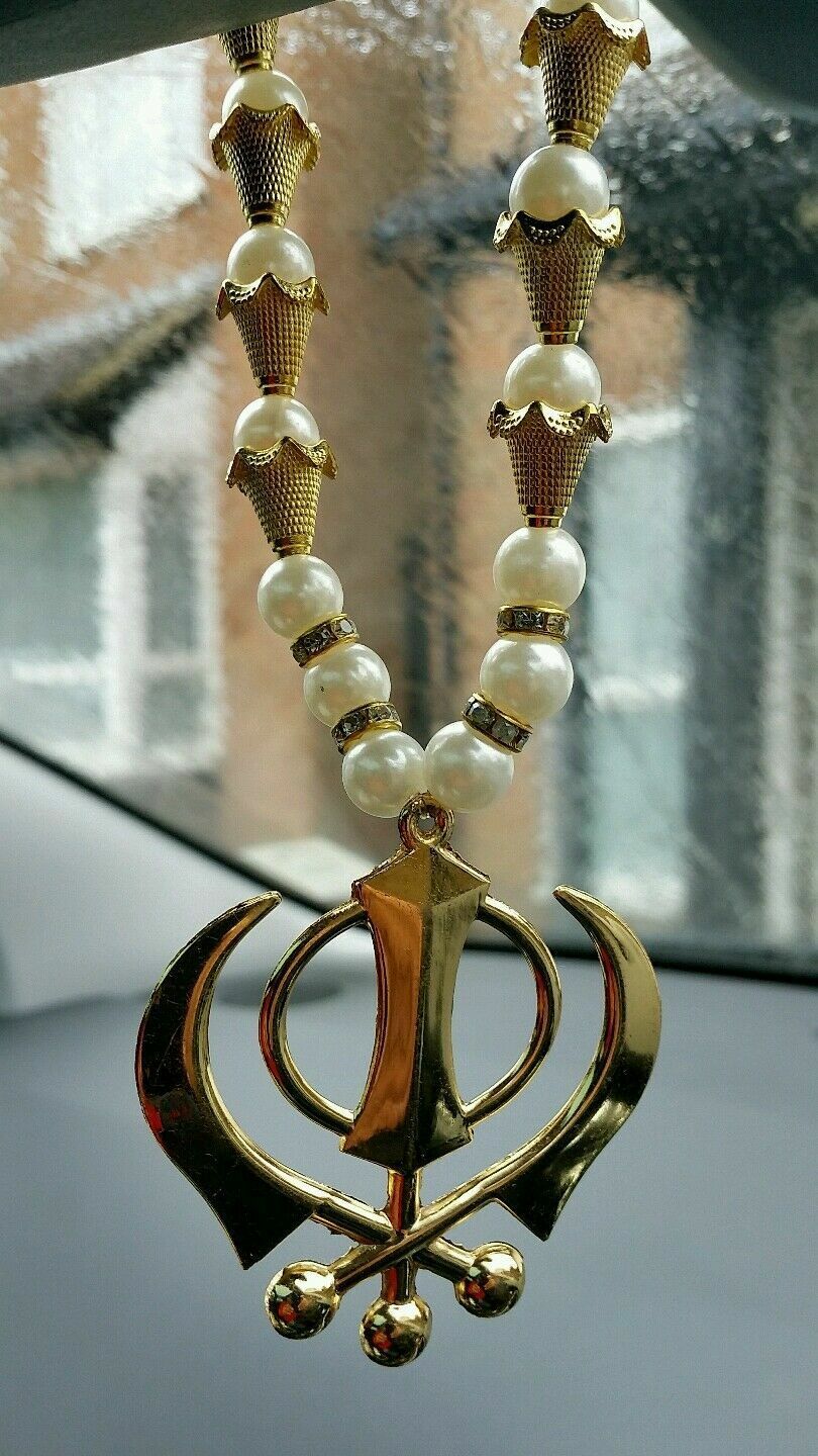 Gold Plated Punjabi Sikh Large Khanda Pendant Car Hanging white Pearl Beads