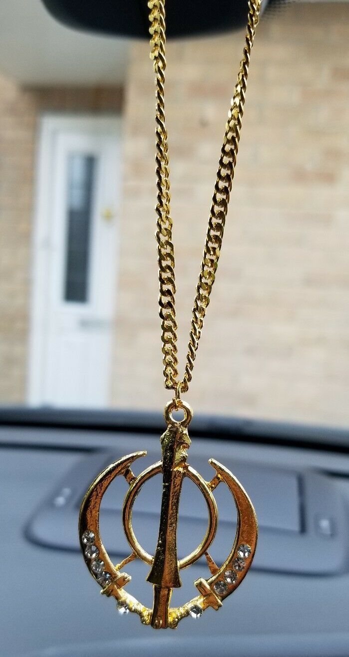 Gold Plated Khanda Punjabi Sikh Kaur Singh Stunning Pendant Car Rear Mirror R1
