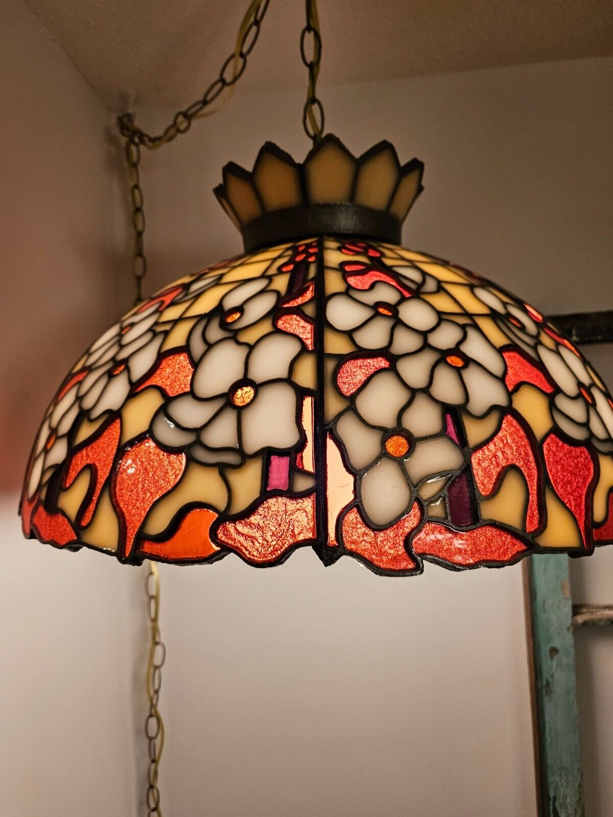 Vtg Tiffany Style Hanging Light Stained Glass Fixture Pendant Chandelier Flower