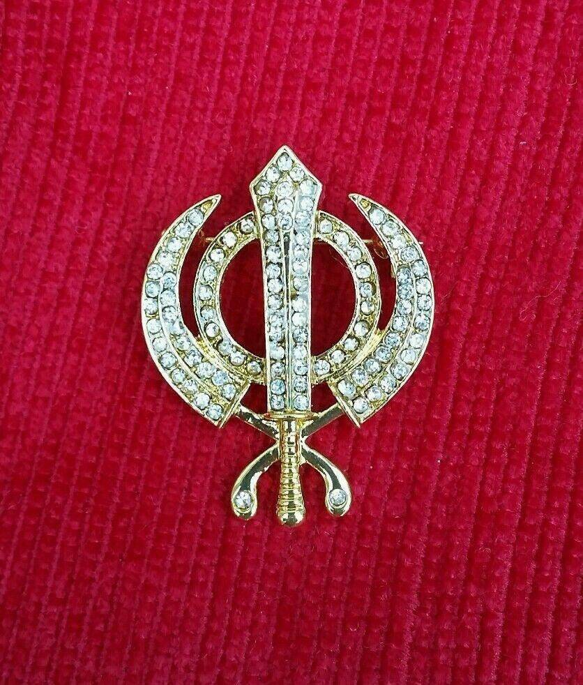 Sikh Khanda Brooch Gold Plated Cake Pin Singh Kaur Turban Dumala Parna Suit Saree New