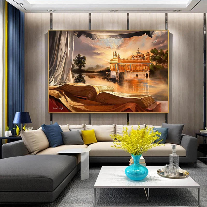 Abstract Art Canvas Painting, Punjab Landscape Posters, Golden Temple, Bible River Pictures, Print Wall Art, Living Room, Home D