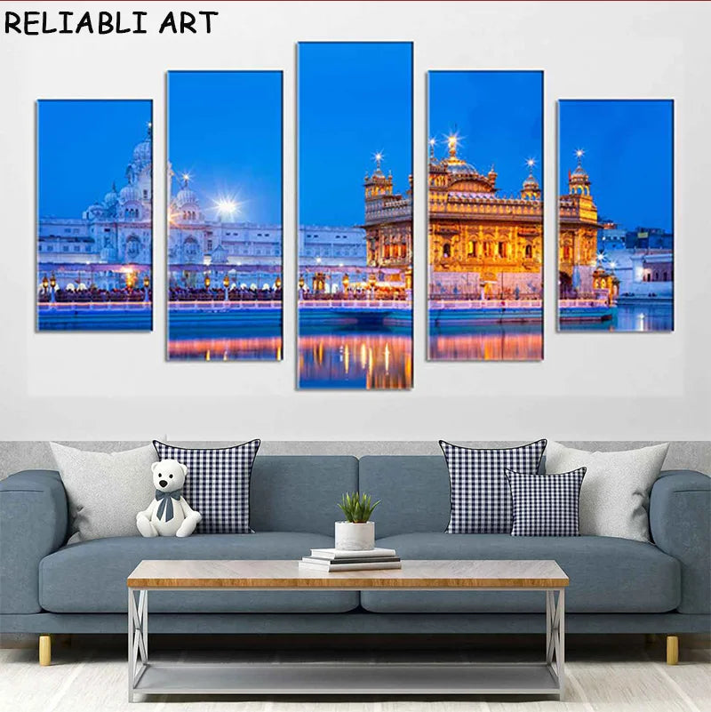 India Buddhism Sikh City Landscape Poster and Print 5 Panel Canvas Painting Wall Art Picture For Living Home Room Decor No Frame