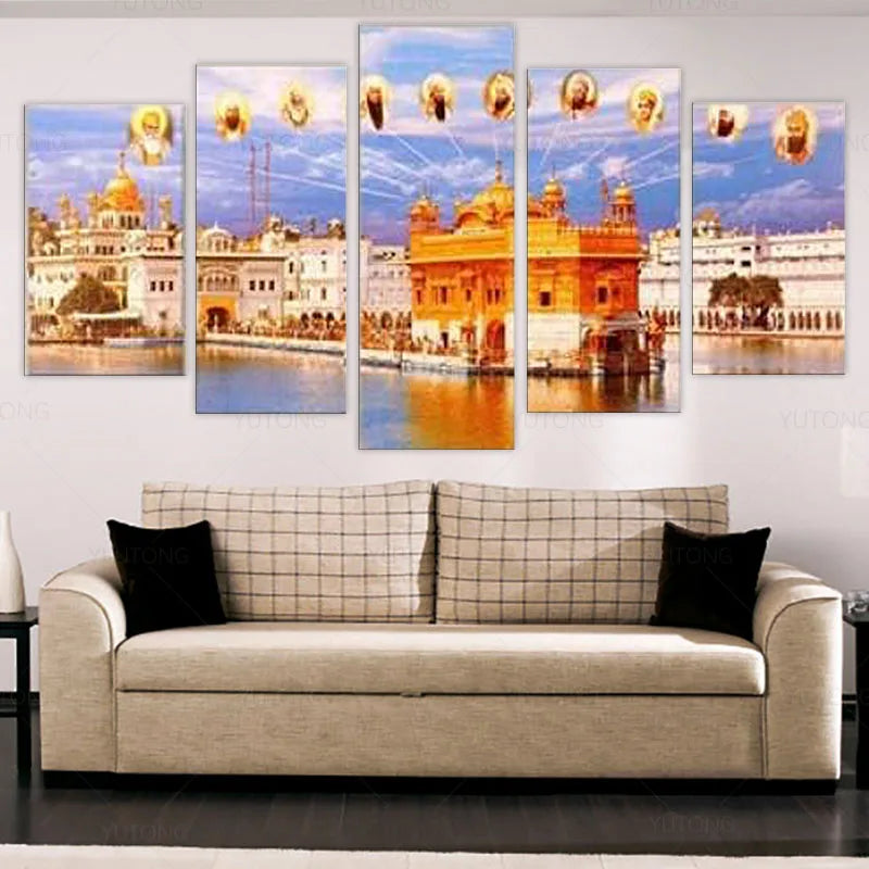 Posters and Prints 5 Pieces Canvas Wall Art Framed Golden Temple Ten Sikh Gurus for Home Room Bedroom Office Wall Decoration