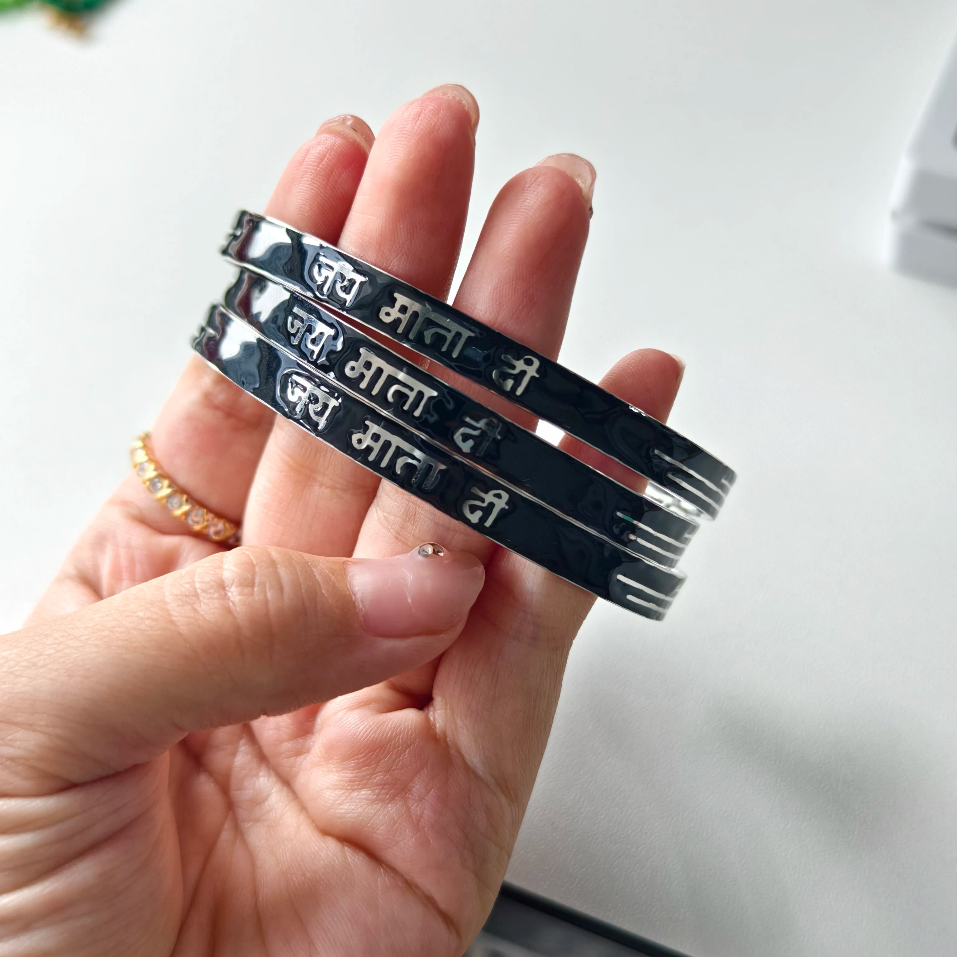 India Jewelry Dess Mantra Bracelet "JAI MATA DI"Adjustable Cuff Kada Bangle Custom Enamel Anniversary Gift For Her Men Bracelet