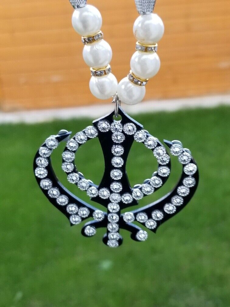 Sikh khanda black or white pendant punjabi singh beads car rear mirror hanger r2