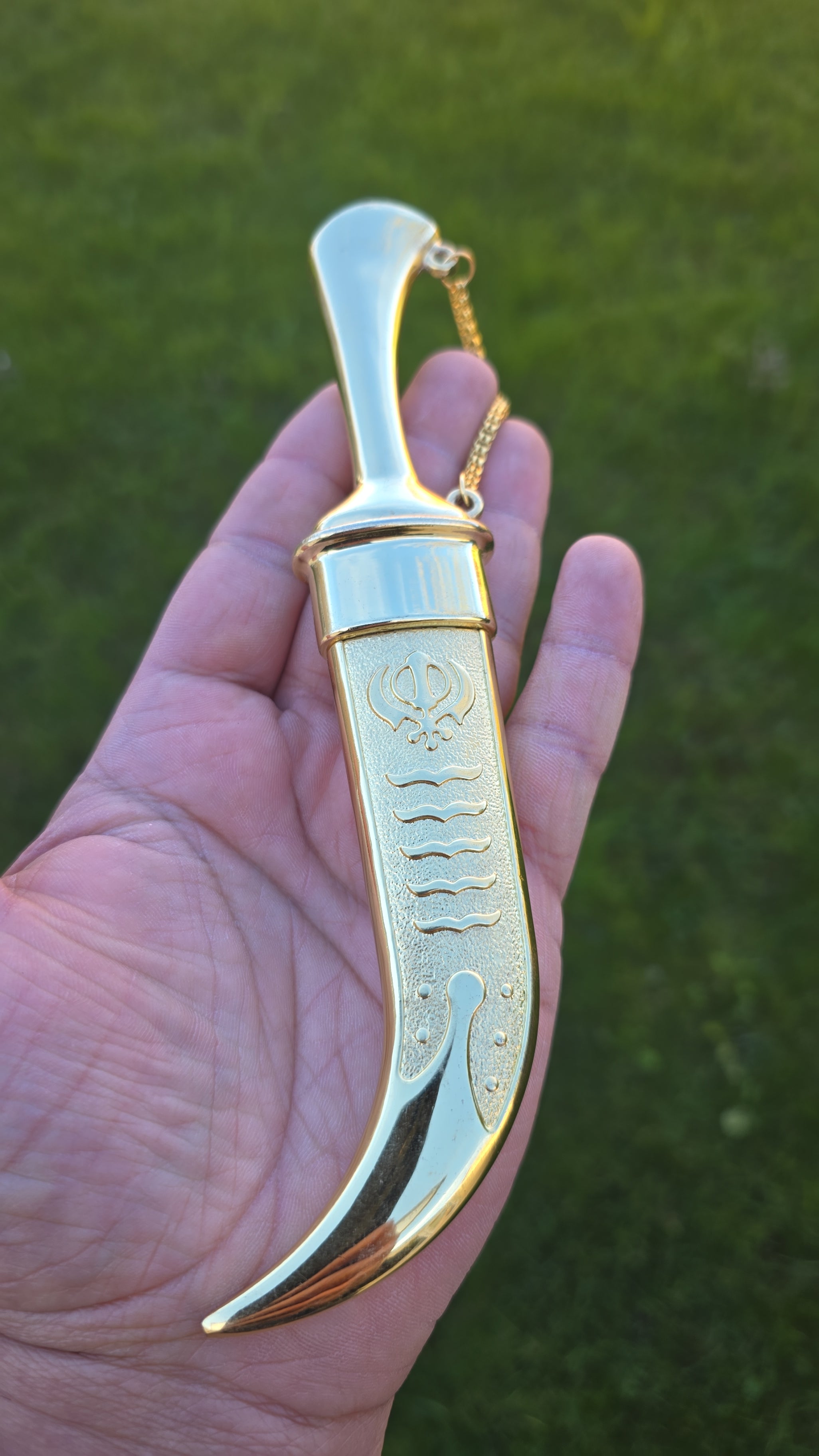Gold plated Stainless Steel Kirpan Sikh Siri Sahib Singh Diamond Design Khanda Engraved F51R