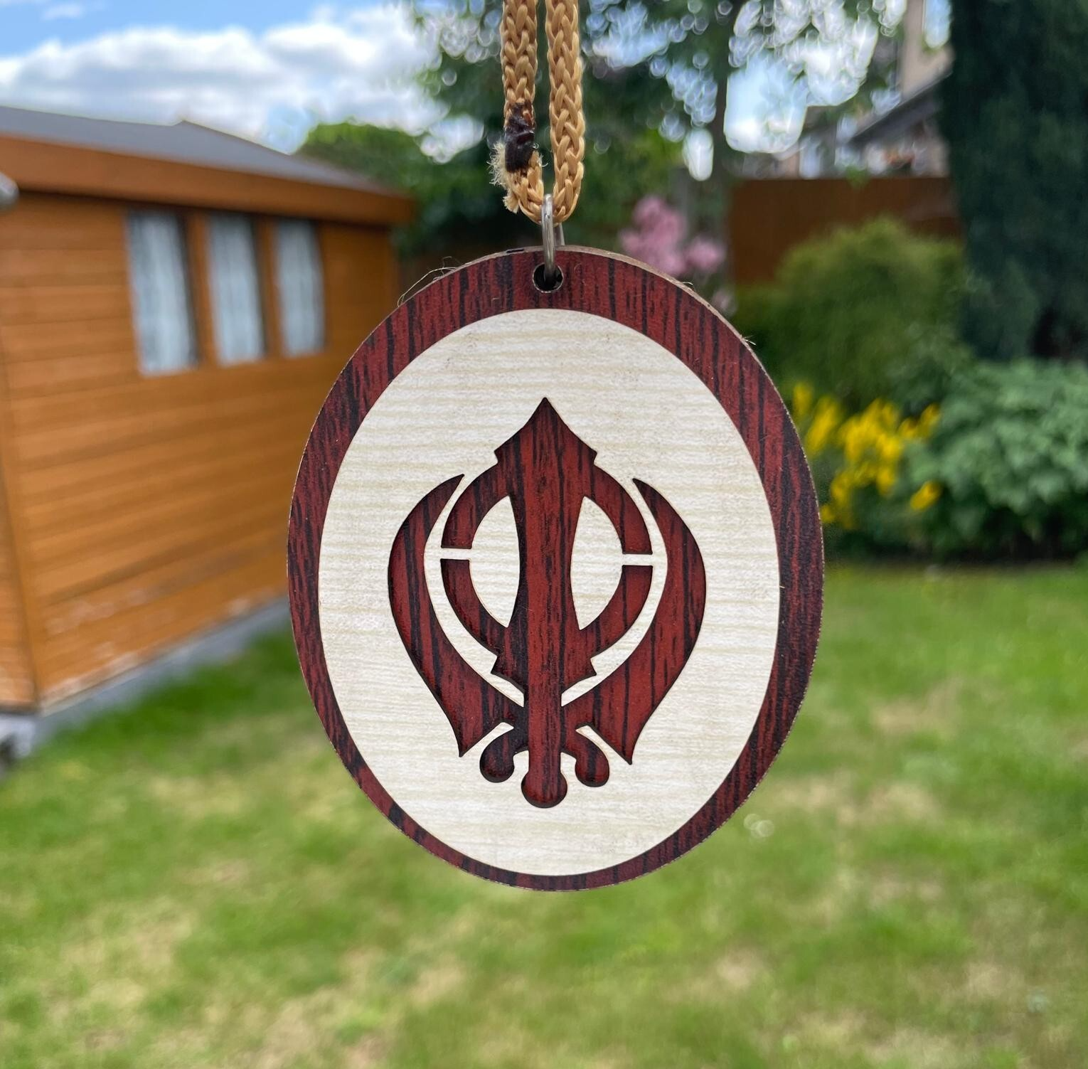 Wooden Khanda Car Hanger Oval Ornament Punjabi Sikh Singh Khalsa Pendant ZZ3 NEW