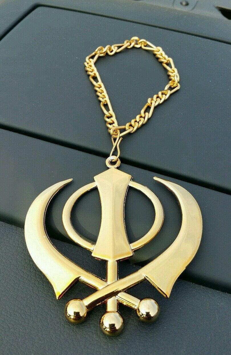 XL Sikh Khanda Car Hanging Gold Colour Rear Mirror Pendant Steel Punjabi Hanger UK