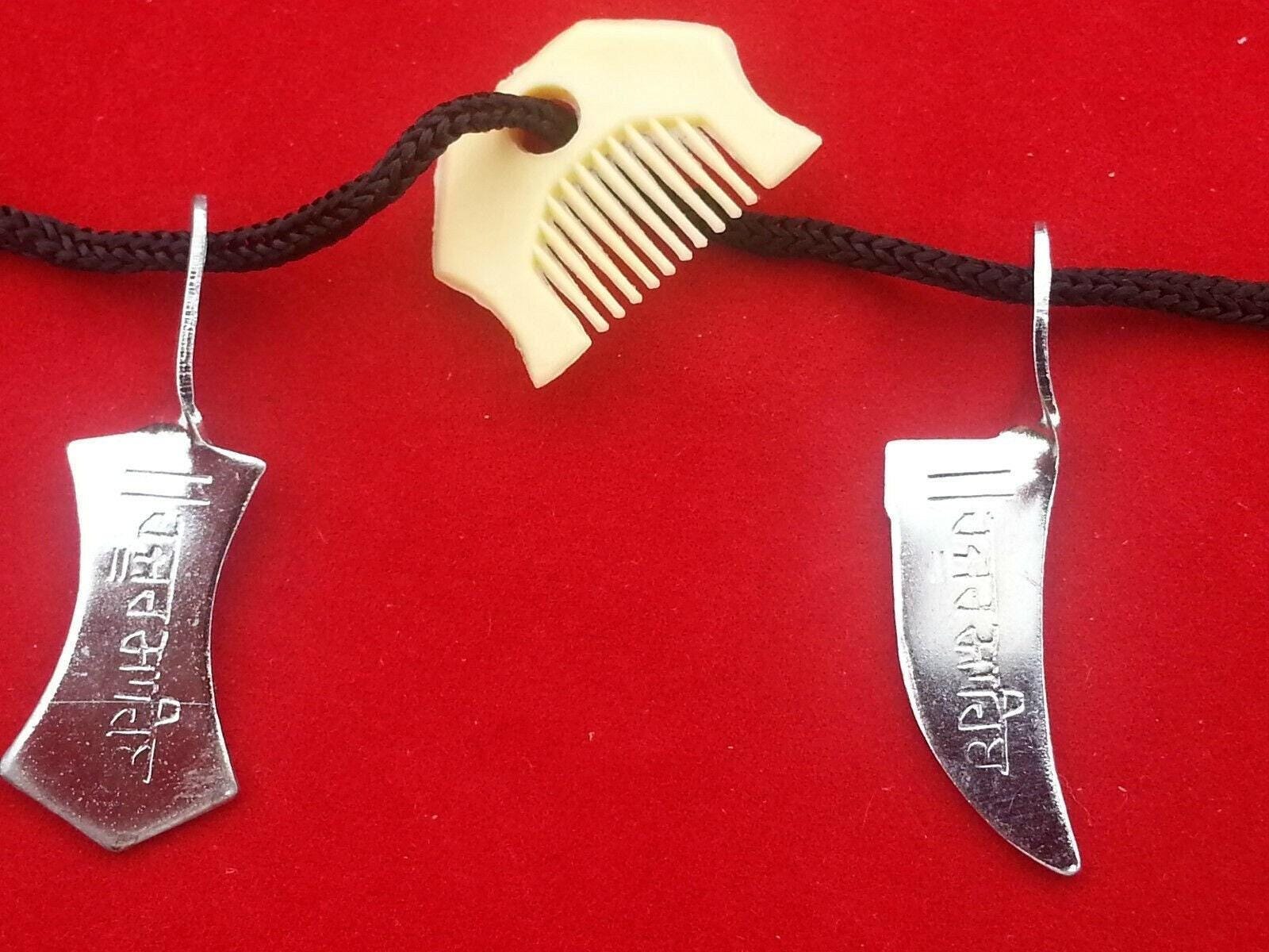Sikh singh hazoor sahib engraved sword khanda & kanga pendant in black threadQQ-1
