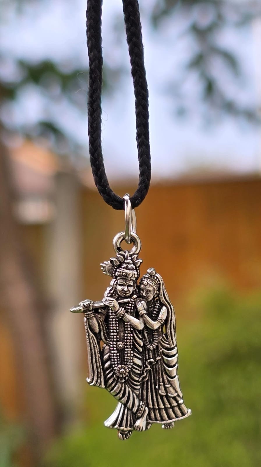 Sri Radha Krishana Pendant Stainless Steel Hindu Evil Eye Protection black Dori