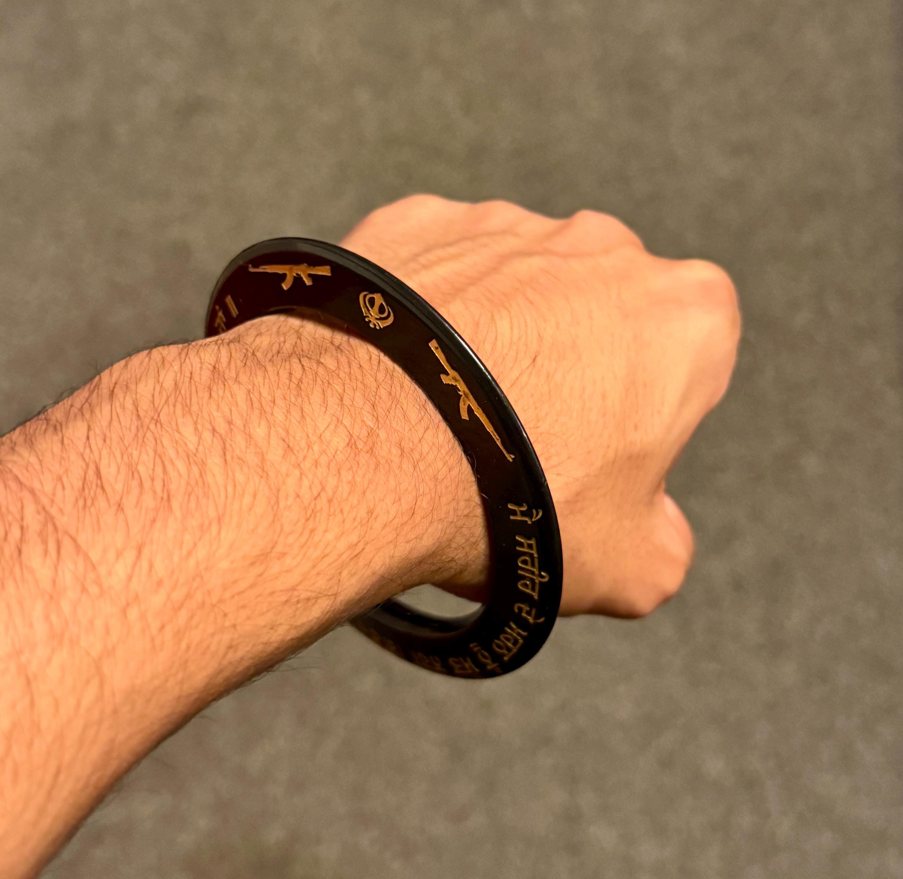 Sikh Sarbloh Kara Black Gold Khanda Santa Baba Bhindranwale Design Bangle Singh Kaur Bracelet Khalsa Iron Kada NIT4