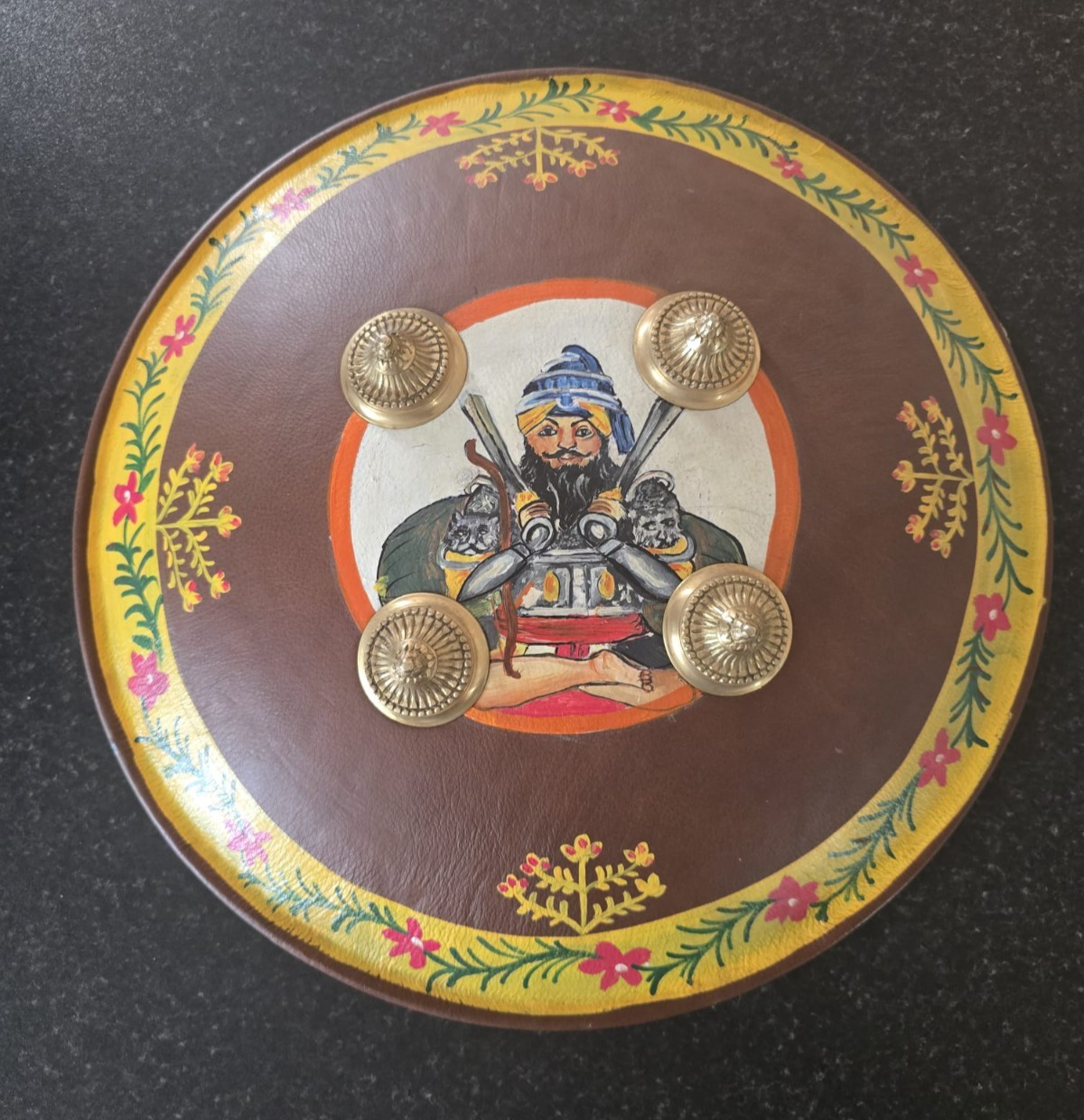 Hand Painted Leather Sikh Dhal Wall Decor – Baba Deep Singh Ji Nihang Phoola ji