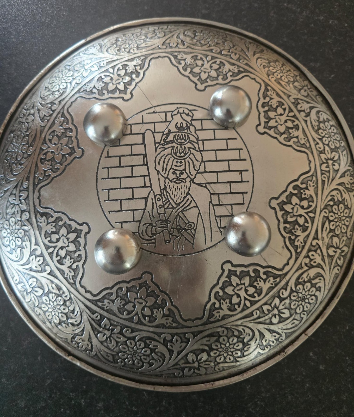12” Silver Plated Iron Sikh Dhall Shield Nihang Singh & Baba Bidhi Chand Ji Wall