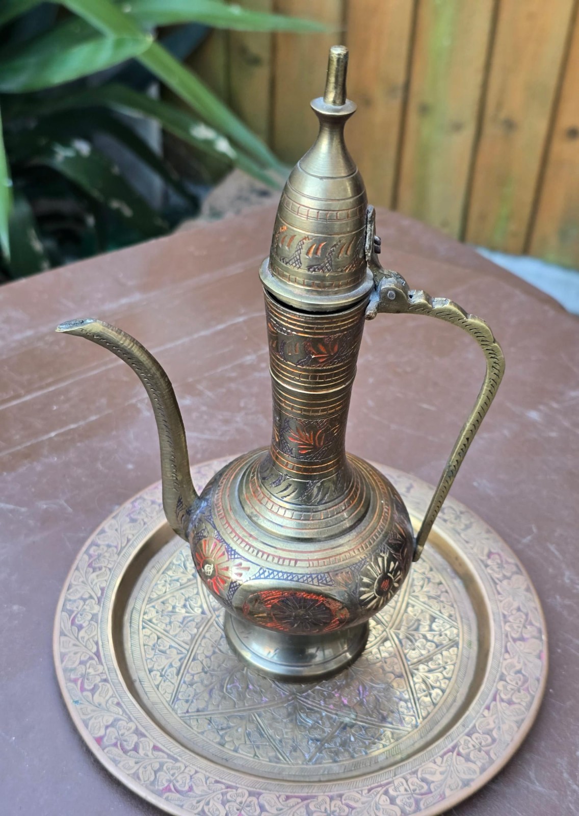 Vintage Kashmiri Brass Surahi & Etched Plate Set India 1940s Persian Aftaba Ewer