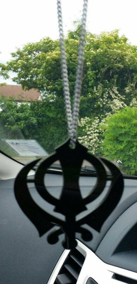 LARGE Black Acrylic Khanda Punjabi Sikh Pendant Car Rear Mirror Hanging Chain
